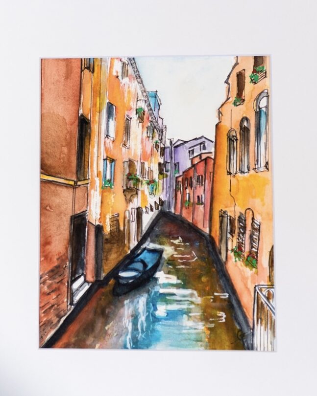 Watercolor/pen/Ink on L'Aquarelle Canson Heritage paper. 8 by 10 painting in a 11 by 14 mat (included) " Venetian Passage" $180.00