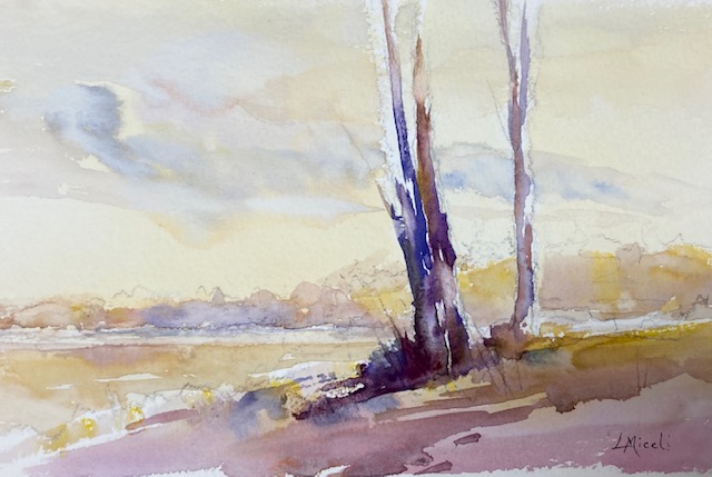 Birch Shadows, 7×10” Watercolor $ 150 – By Lisa Miceli