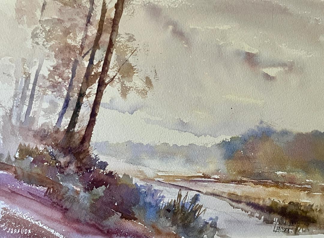 Fall’s Light, class demo 11×14 watercolor $250 in 16×20 white mat – By Lisa Miceli
