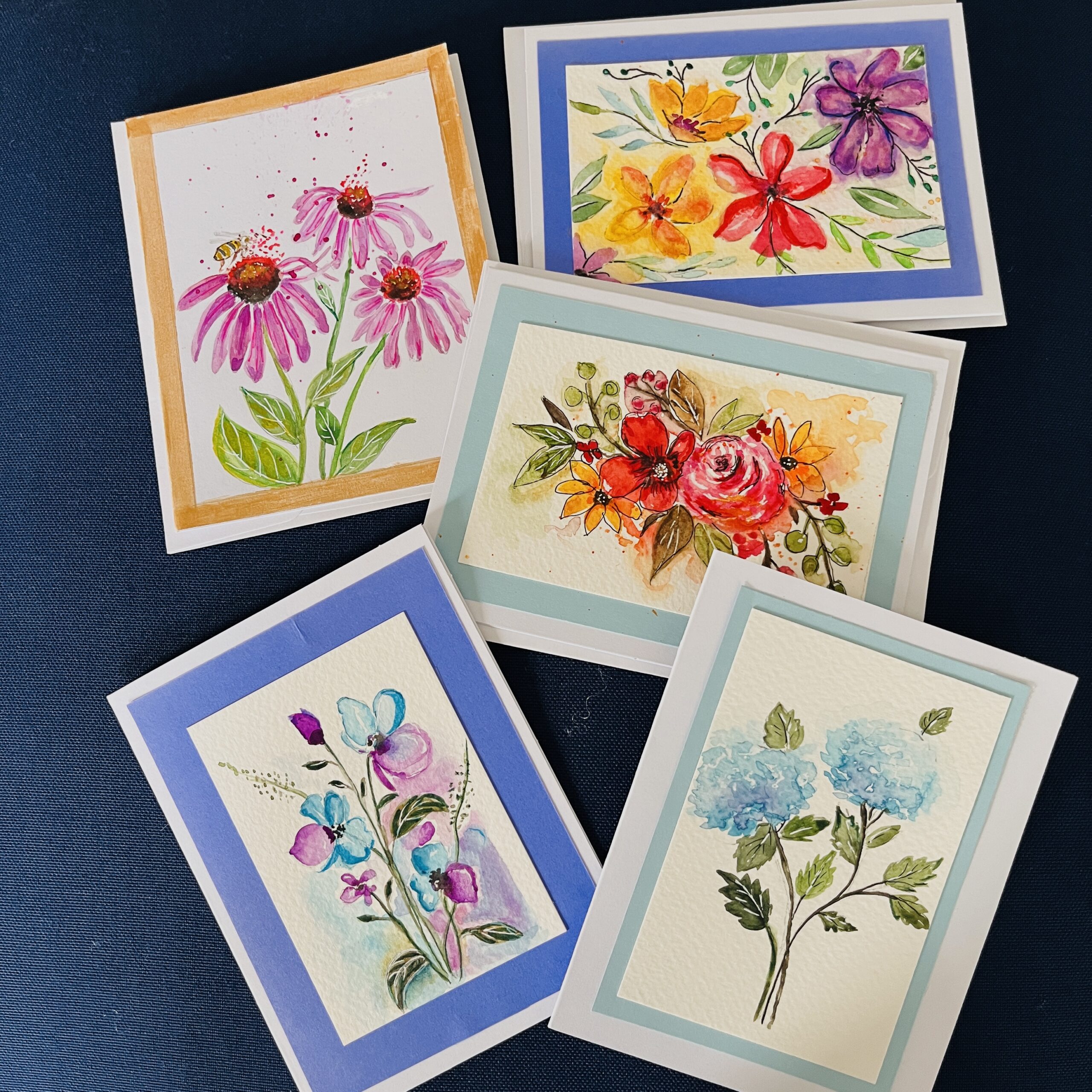 Flowers – 5 Blank Note Cards – 4″x5 1/2″ with envelopes – Watercolor and ink – By Natalie Sambamurty – $30