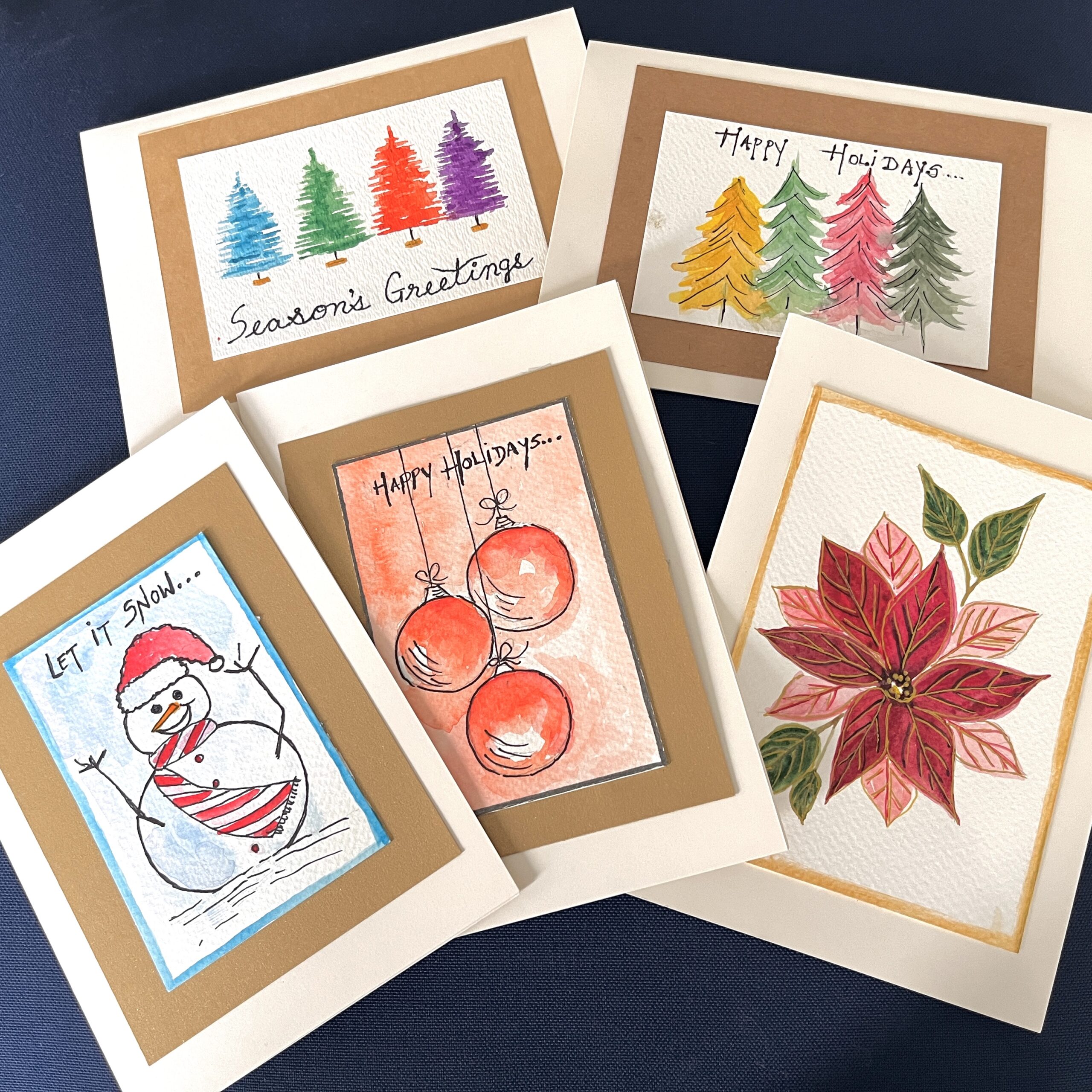 Holiday cards 5″ X 7″ with envelopes – 5 per pack in watercolor and ink – by Natalie Sambamurty – $35