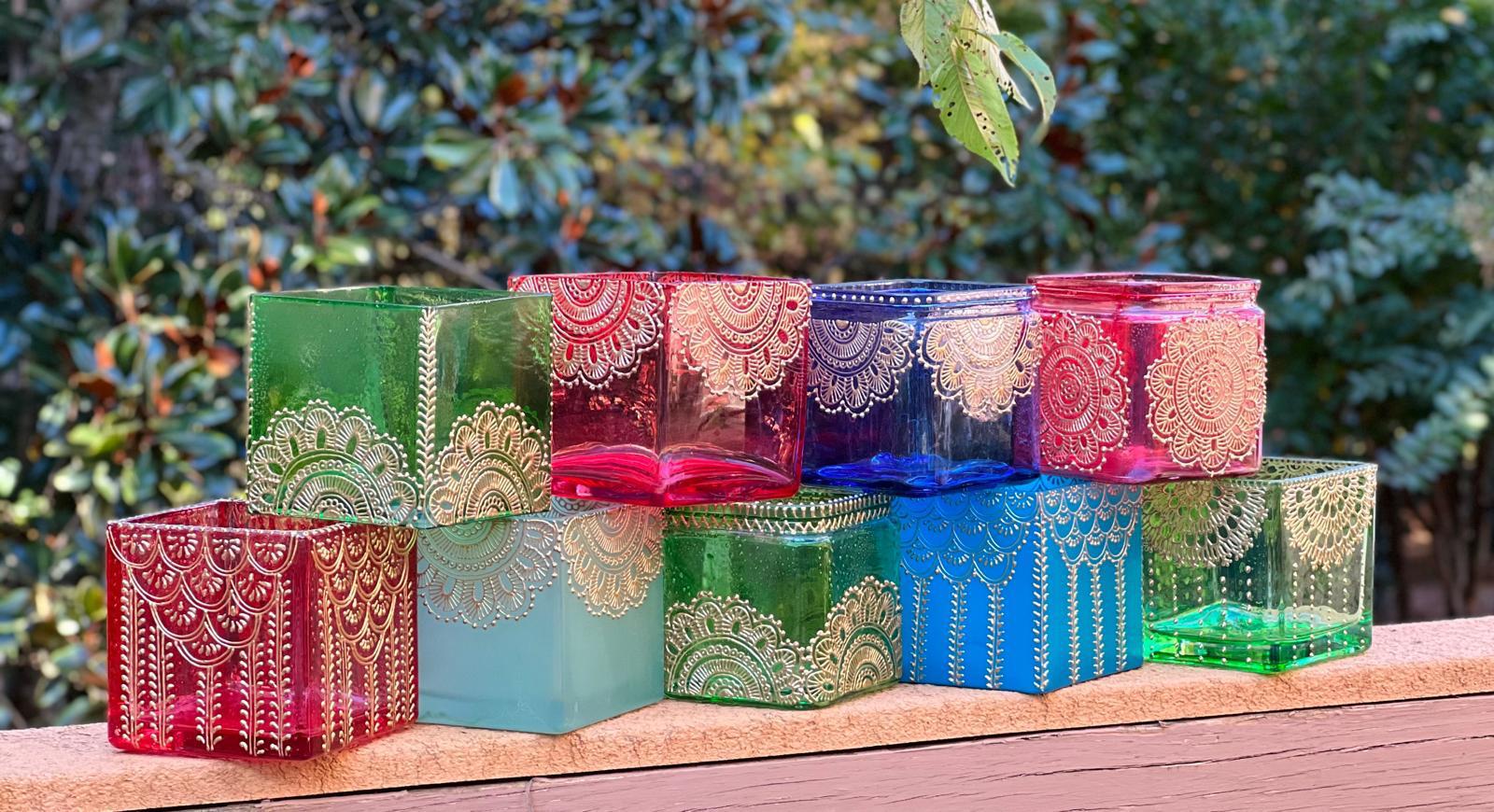 Medium Candle holders (4.50″ x 4.50″) – henna designs – $45 each – By Ritu Khetan