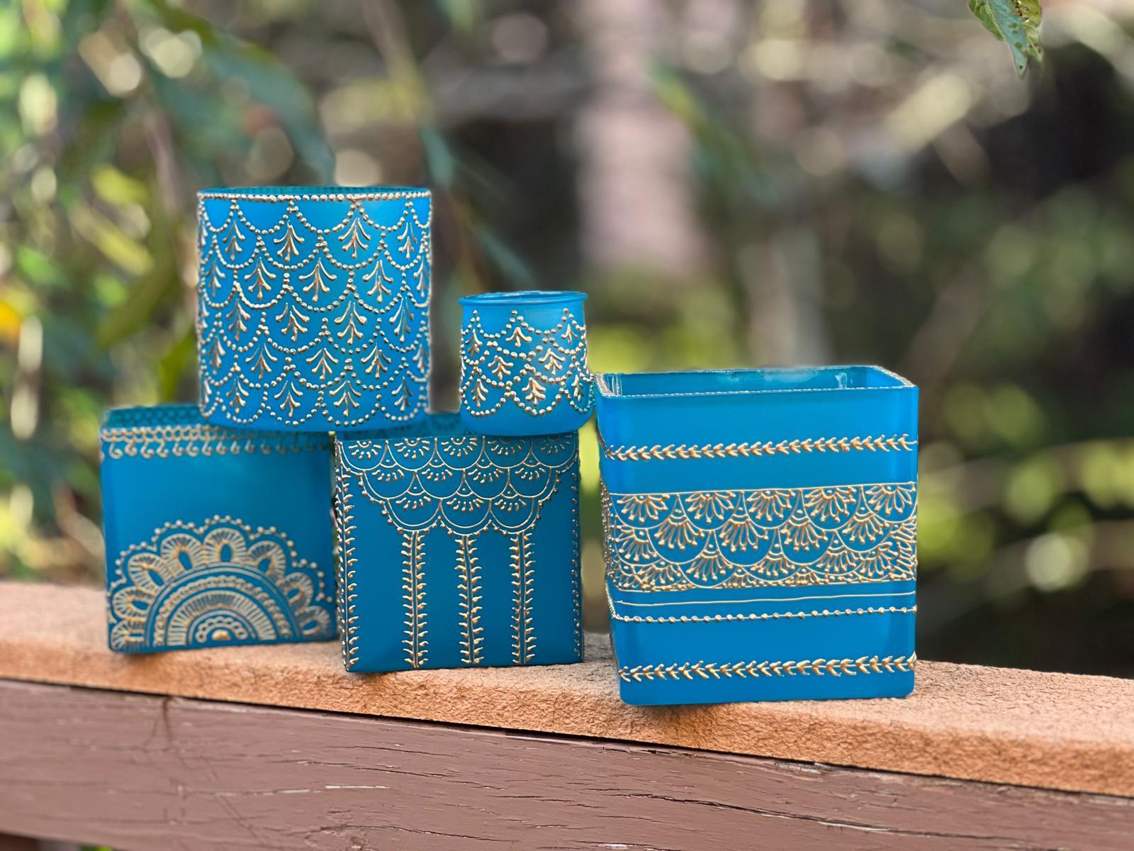 Large Candle holders (5.50″ x 5.50″) – henna designs – $55 each – By Ritu Khetan