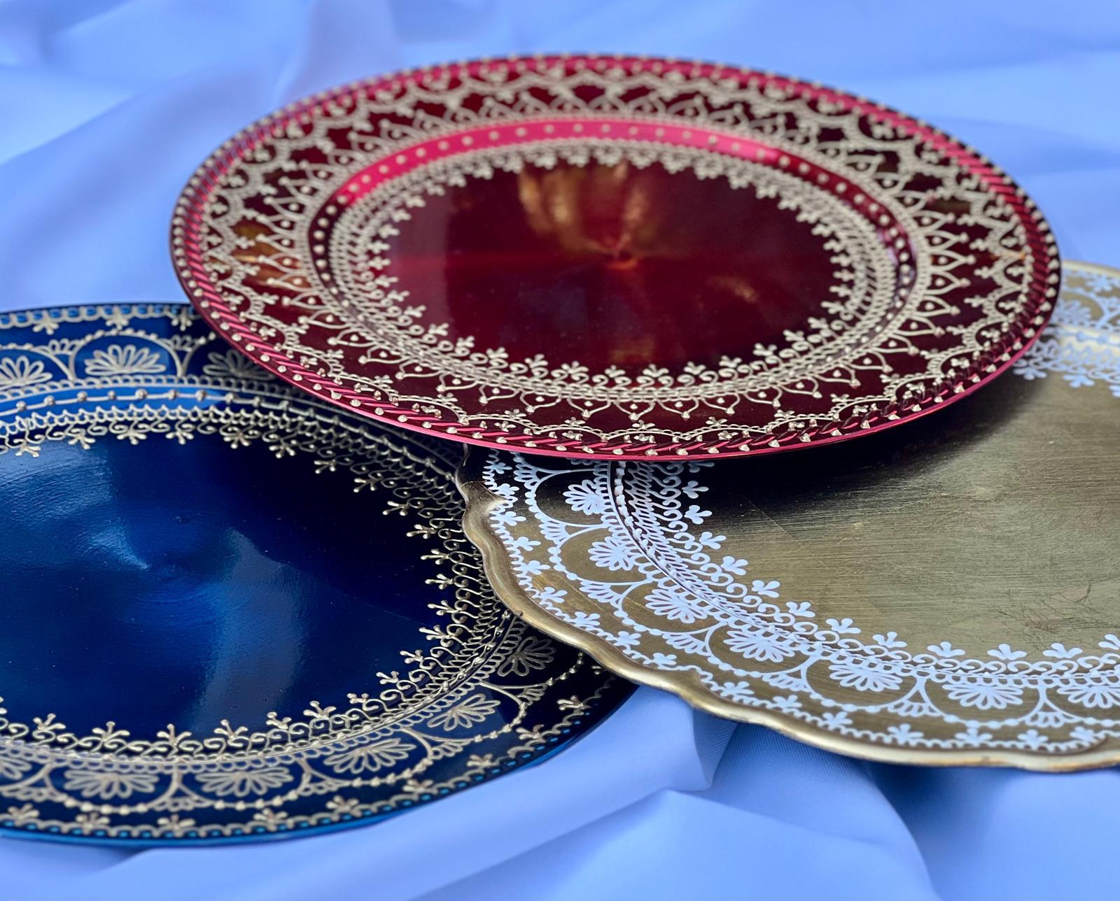 Hand painted with henna designs – Metallic Charger Plates (great for serving baked goods) – $40 Each – By Ritu Khetan