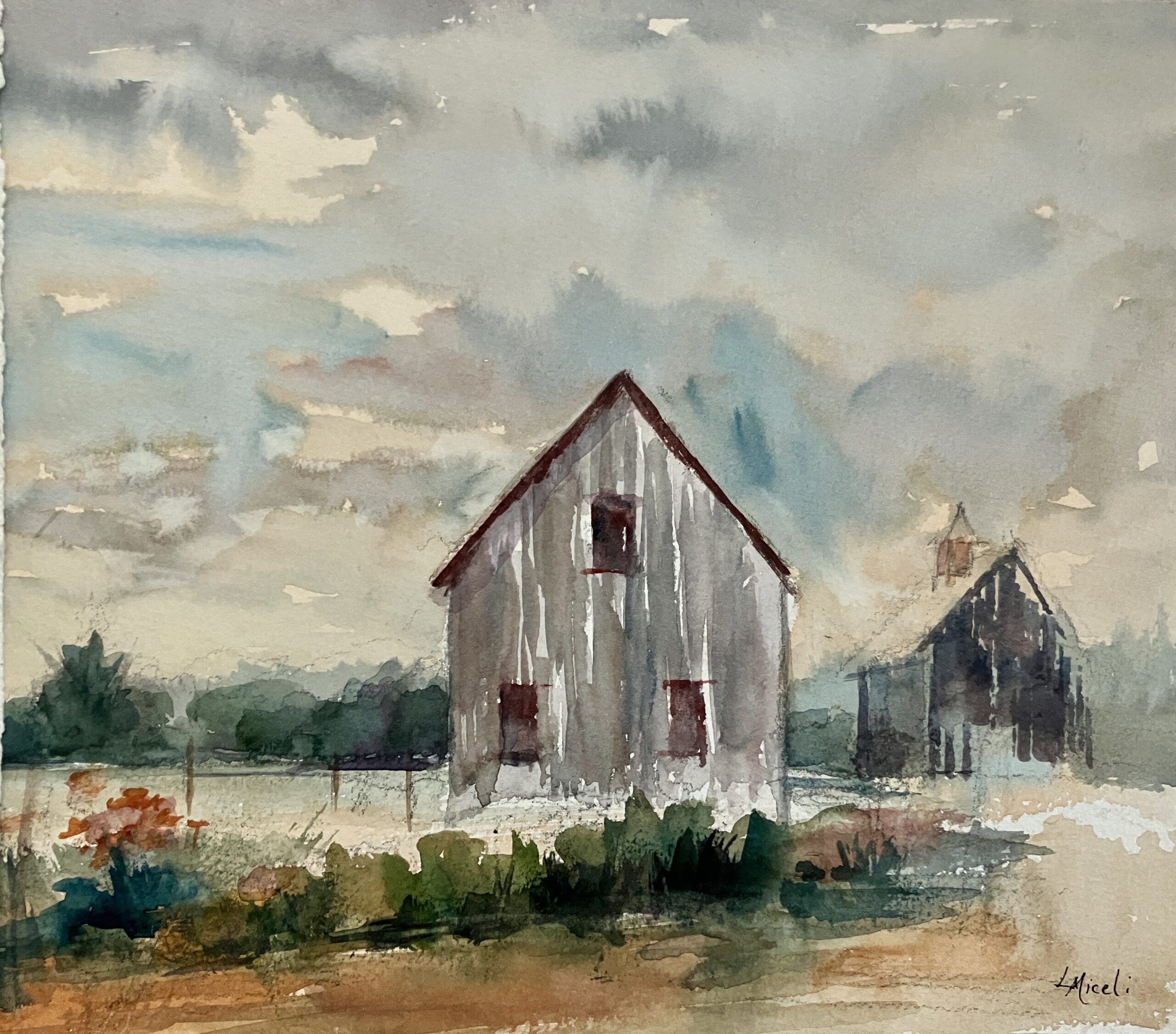 The Barns, late Summer, 10×10” watercolor $190 – By Lisa Miceli