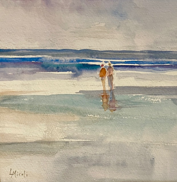 A Walk at the Beach 8×8” Watercolor $150 – By Lisa Miceli