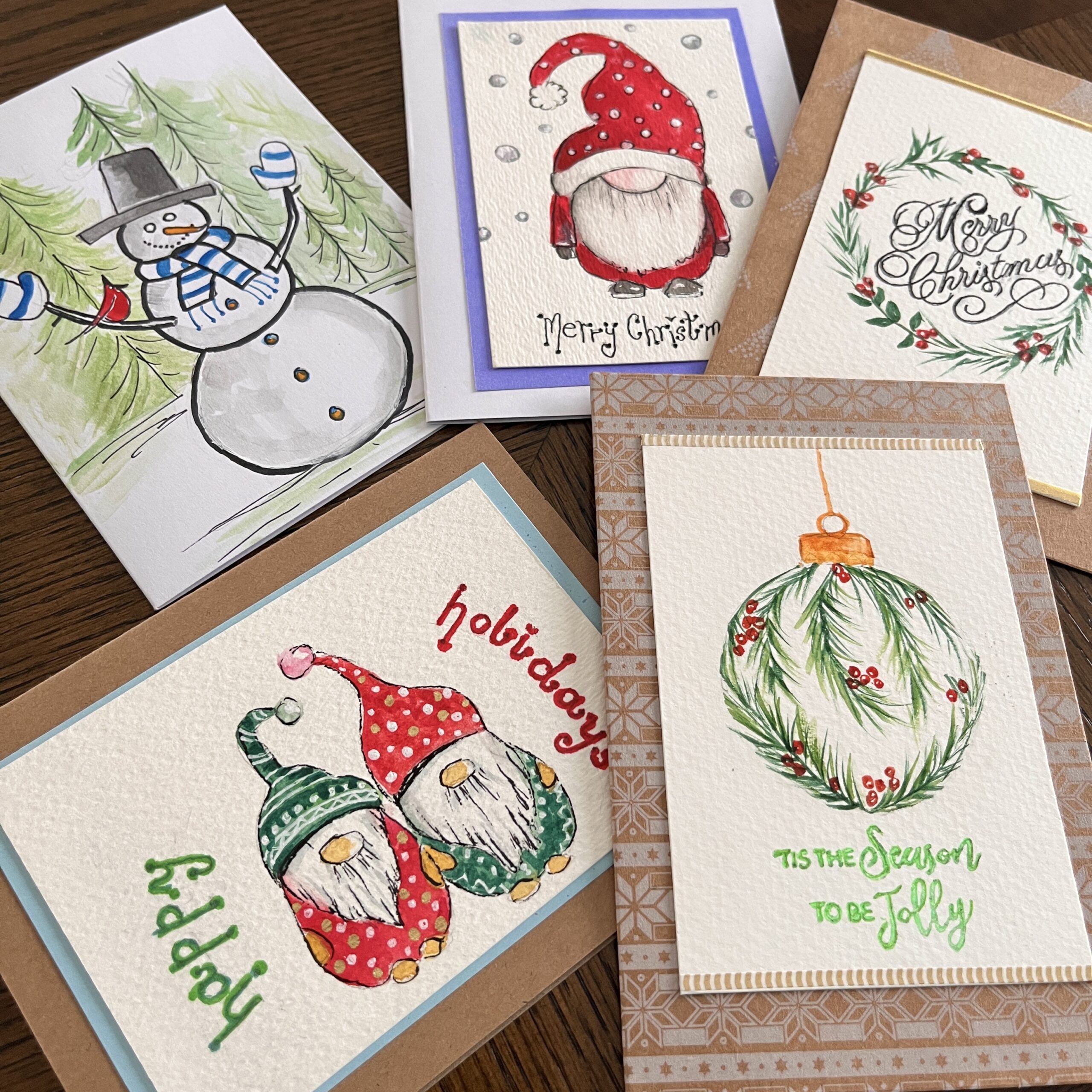 # 2 Holiday greeting cards 4″X 5 1/2″ (5 per pack with envelopes) in Watercolor and ink – by Natalie Sambamurty – $38