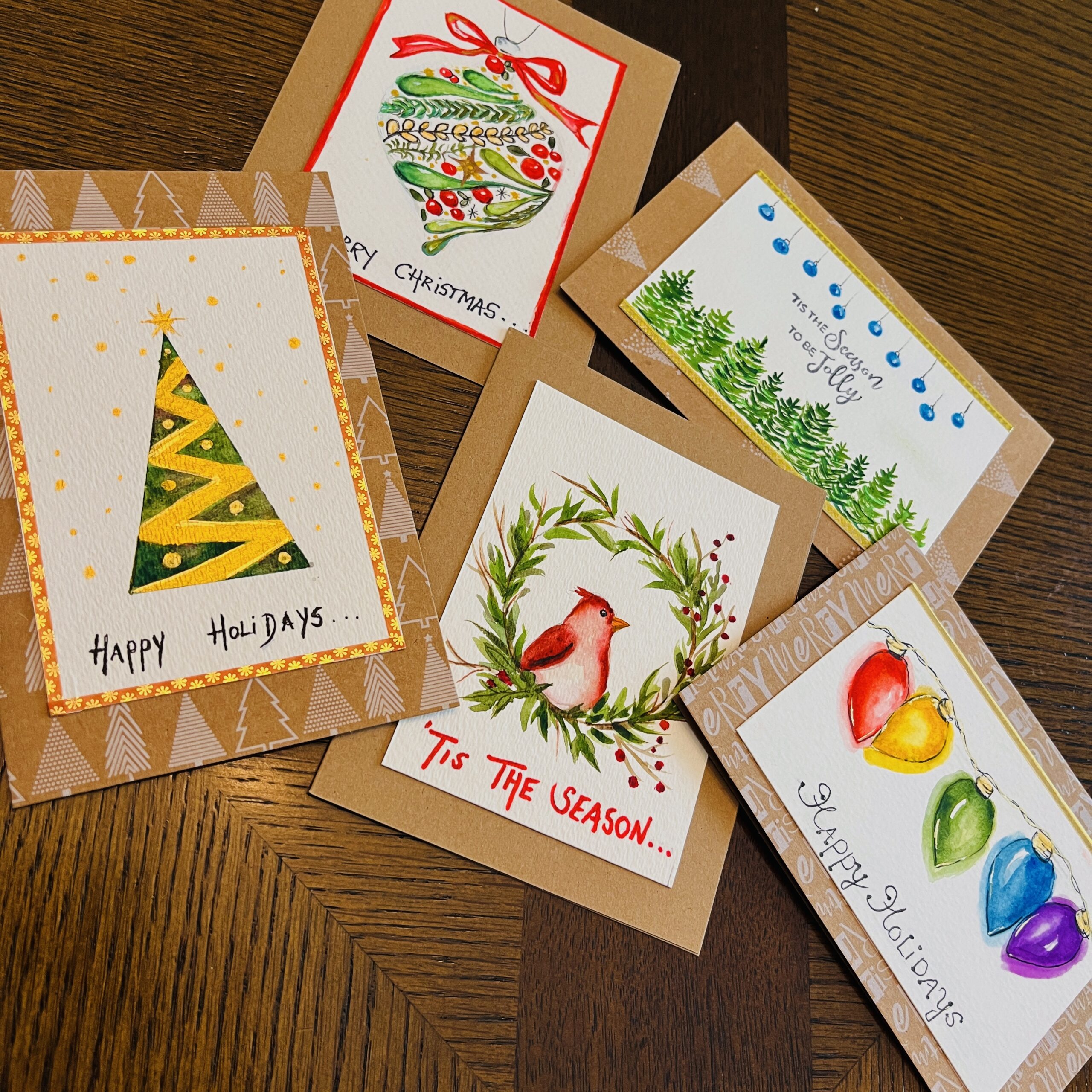 #3 Holiday Cards with envelopes – 4″X5 1/2″ – 5 per pack in watercolor and ink – by Natalie Sambamurty – $38
