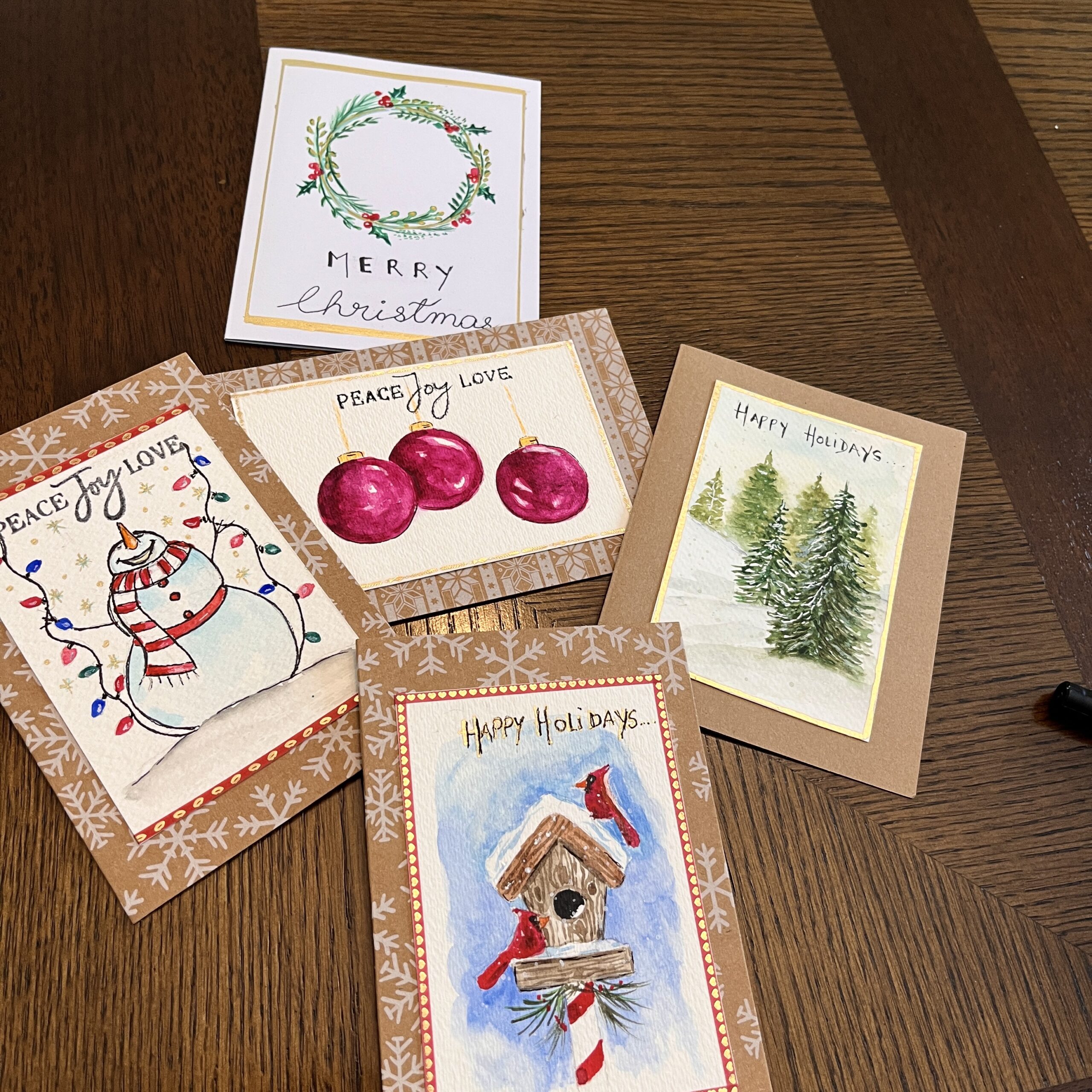 # 4 Holiday greeting cards 4″X 5 1/2″ (5 per pack with envelopes) in Watercolor and ink – by Natalie Sambamurty – $38