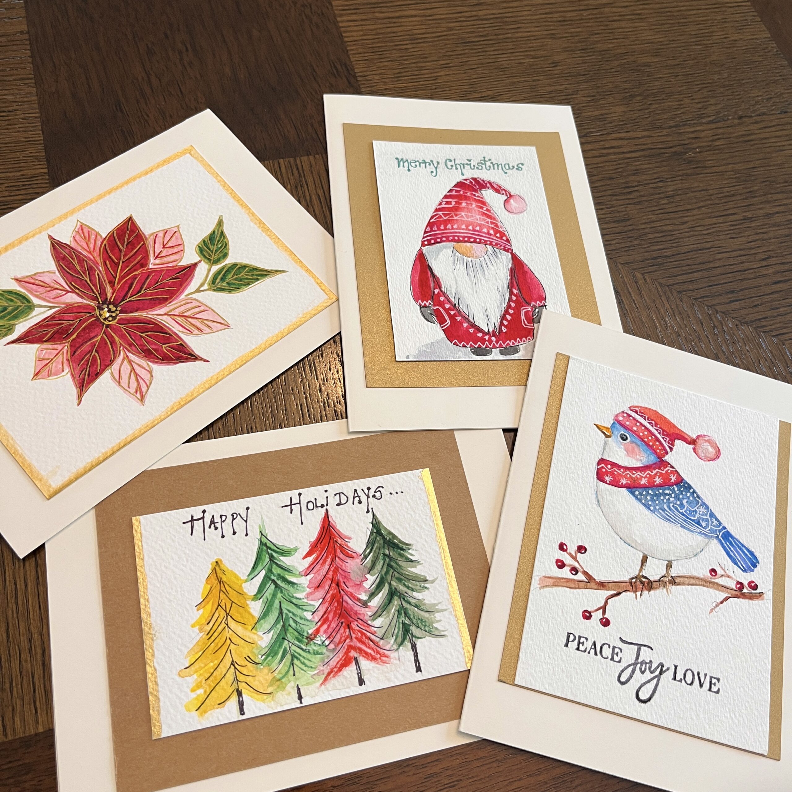 #5 Holiday cards 5″ X 7″ with envelopes – 4 per pack in watercolor and ink – by Natalie Sambamurty – $38