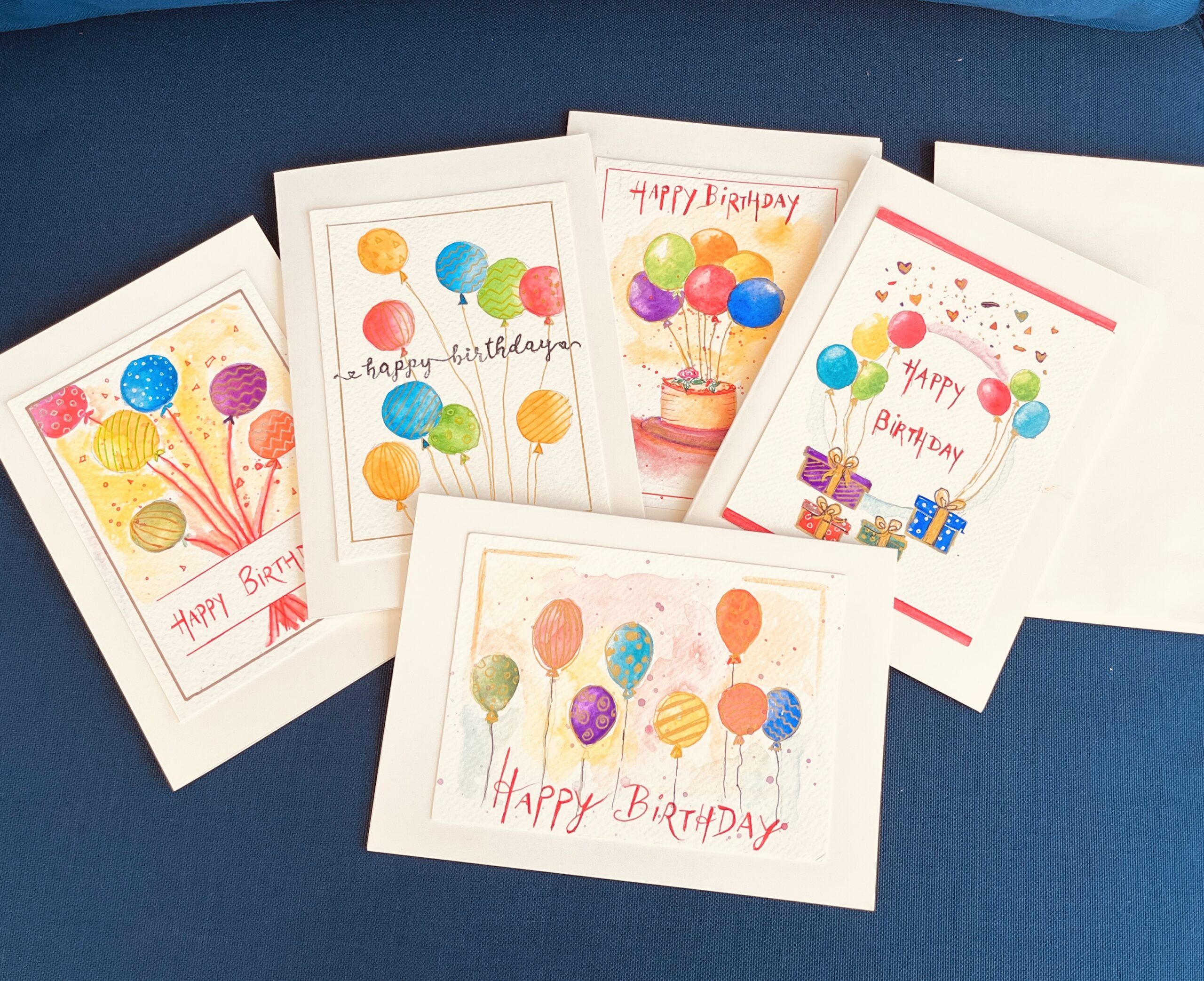 Happy Birthday! 5″X7″ cards – 5 per pack in watercolor and ink – by Natalie Sambamurty – $35