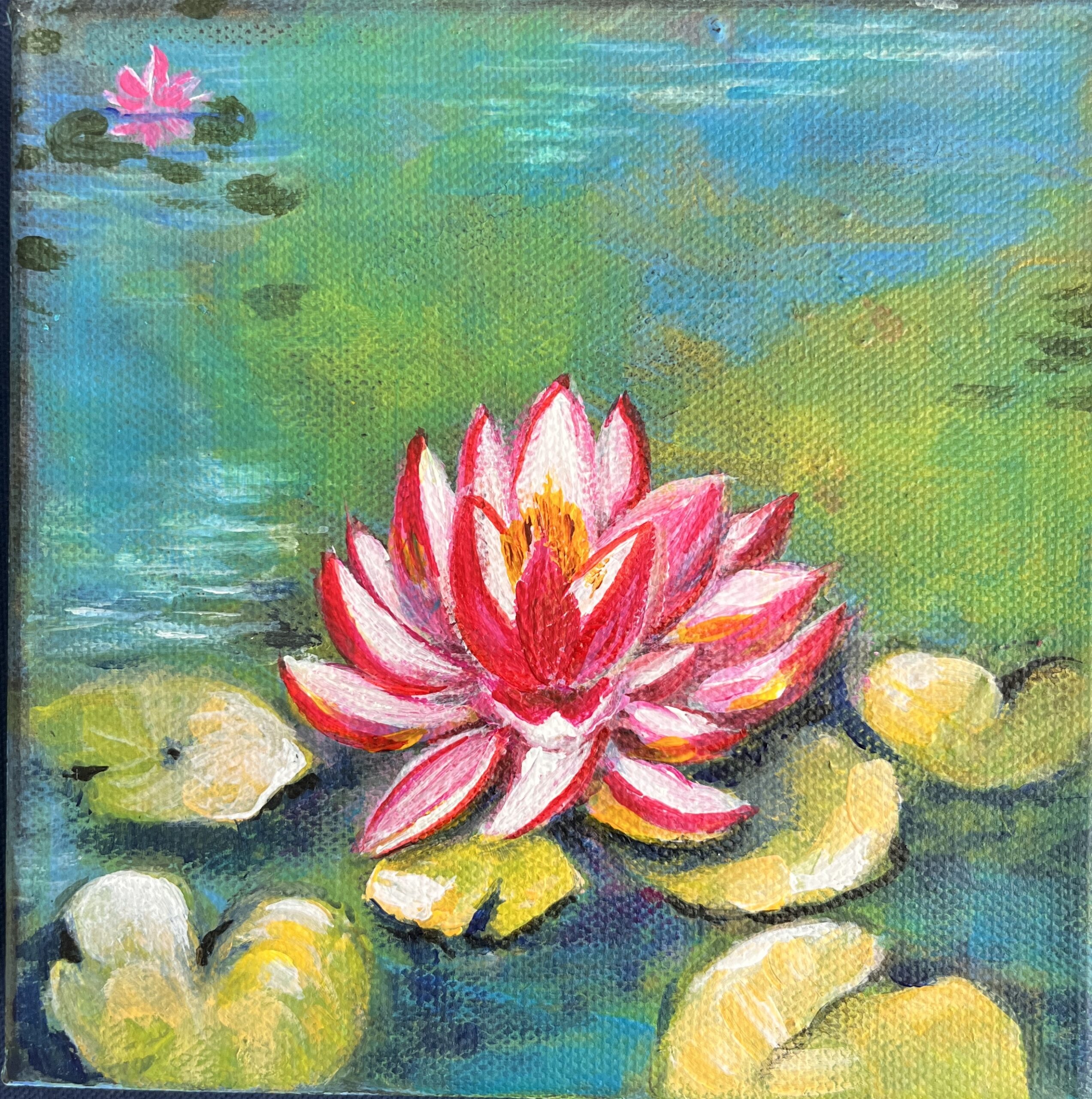 Red Waterlilly – Gallery wrapped canvas 6″ x 6″ – Acrylic – $75 By Natalie Sambamurty