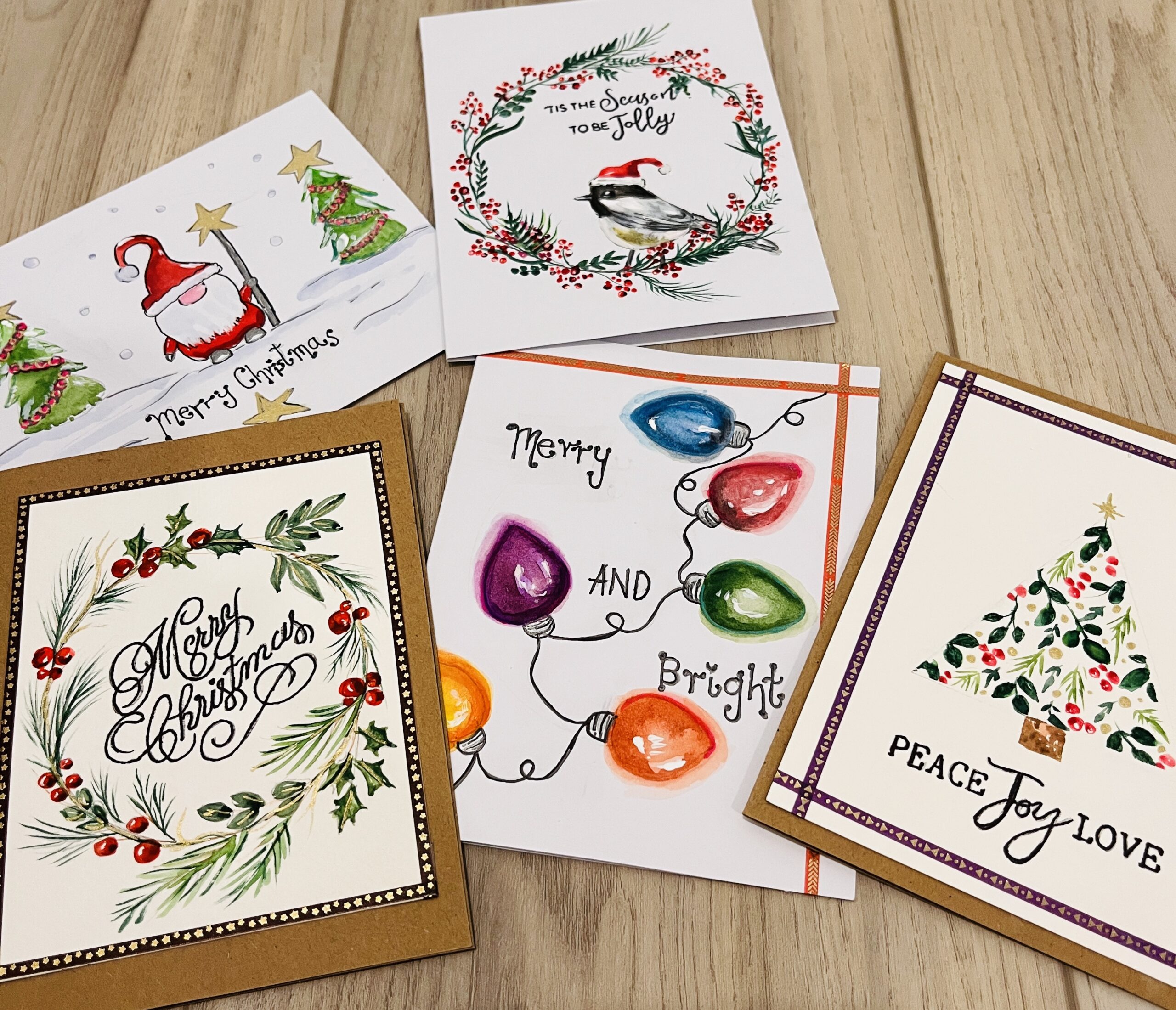 #6 Fun Holiday Cards 4″X 5 1/2″ (5 per pack with envelopes) in Watercolor and ink – by Natalie Sambamurty – $38