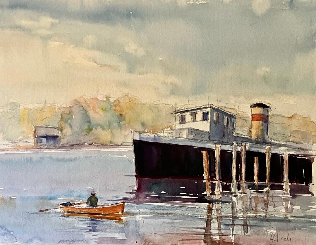 Seaport  View, 11×14 watercolor class demo 250 in 16×20” mat – by Lisa Miceli