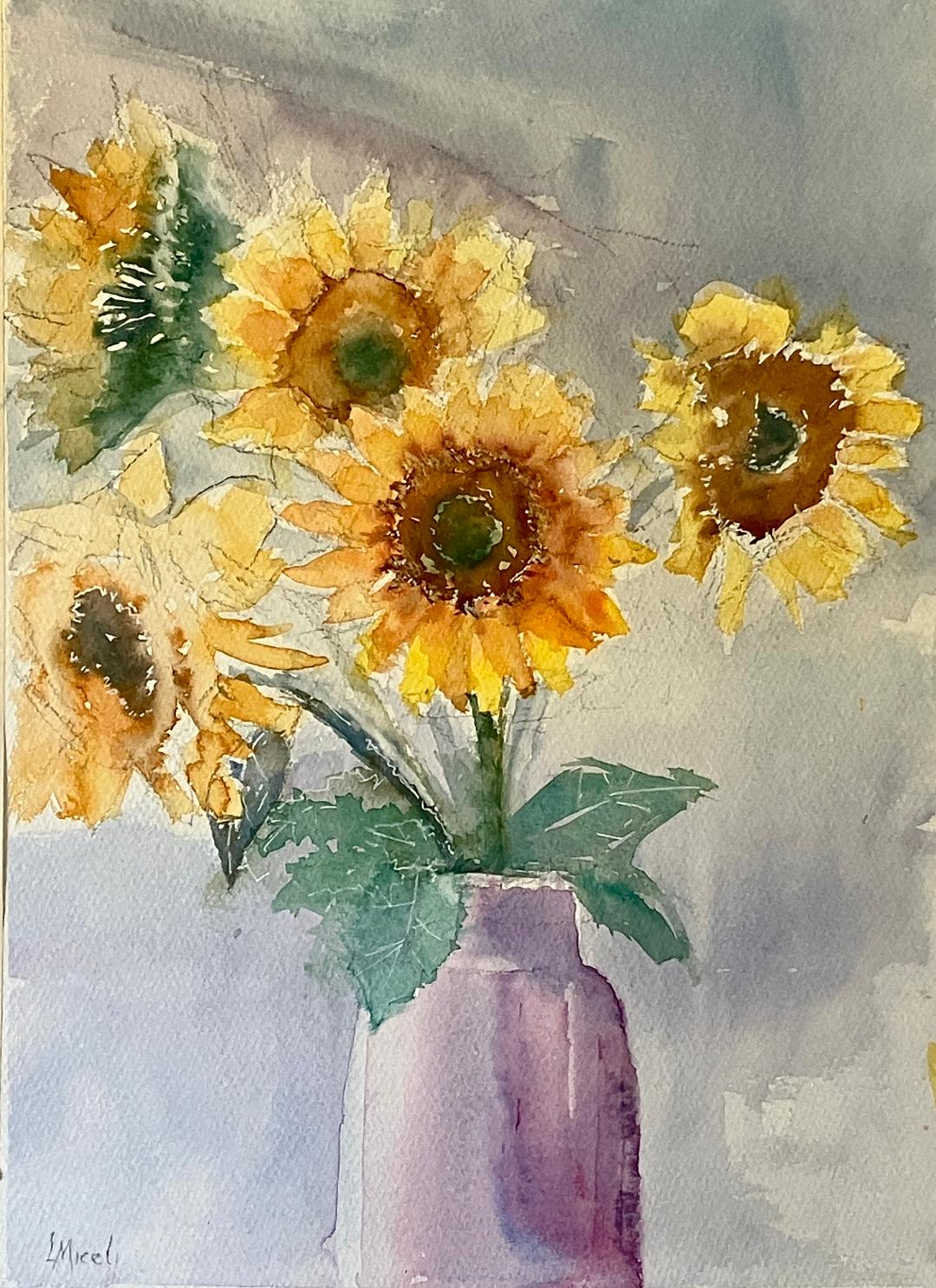 Sunflowers, workshop demo 11×14” watercolor  $250 in 16×20” white mat – by Lisa Miceli