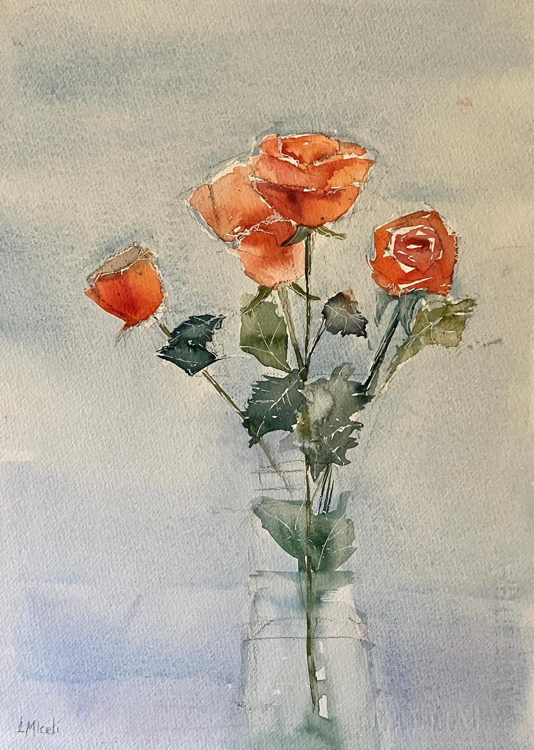 The Beauty of Roses, workshop demo 11×14” watercolor  $250 in 16×20” white mat – by Lisa Miceli