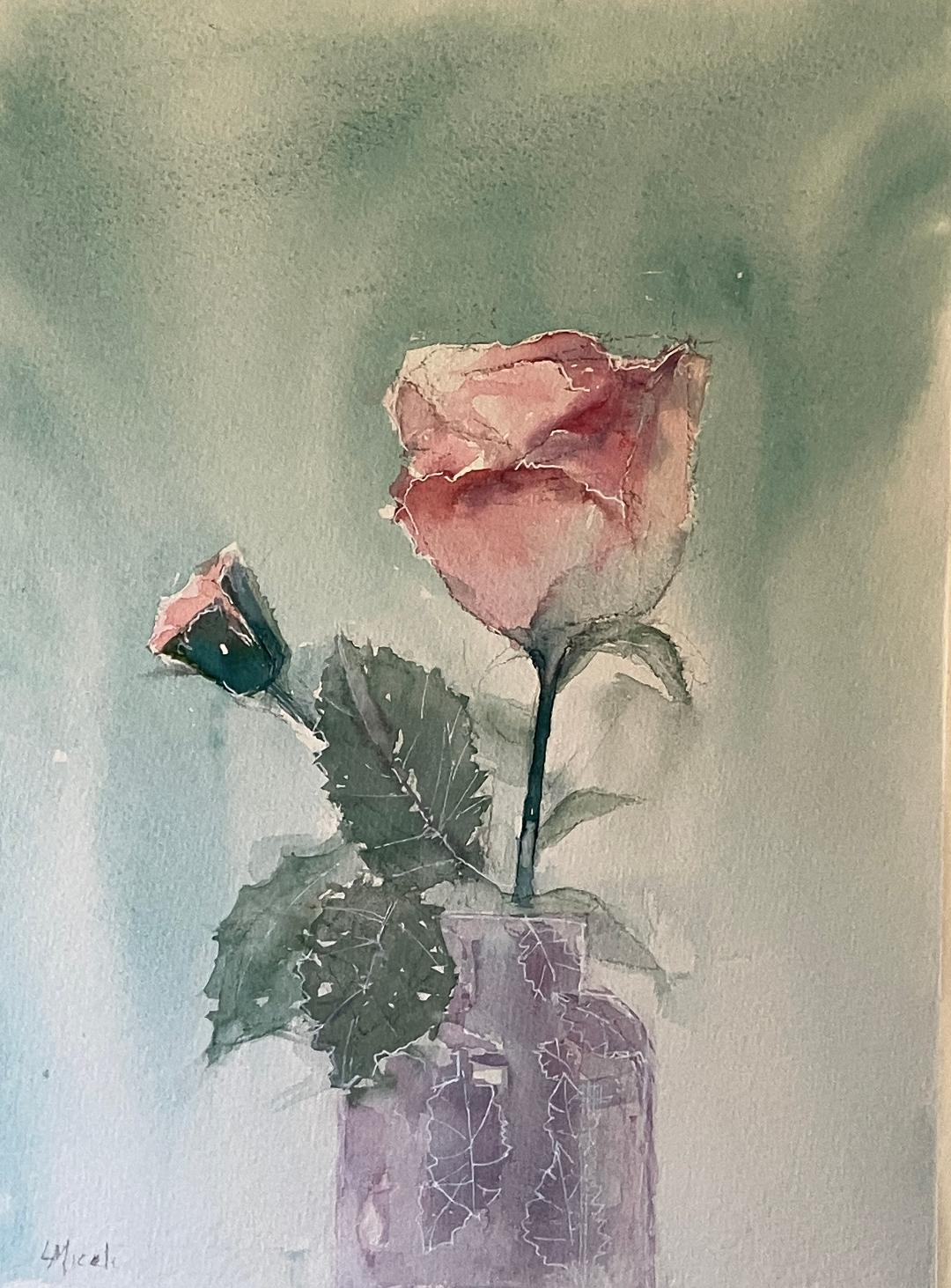 Transparency of Roses, workshop demo 11×14” watercolor  $250 in 16×20” white mat – by Lisa Miceli
