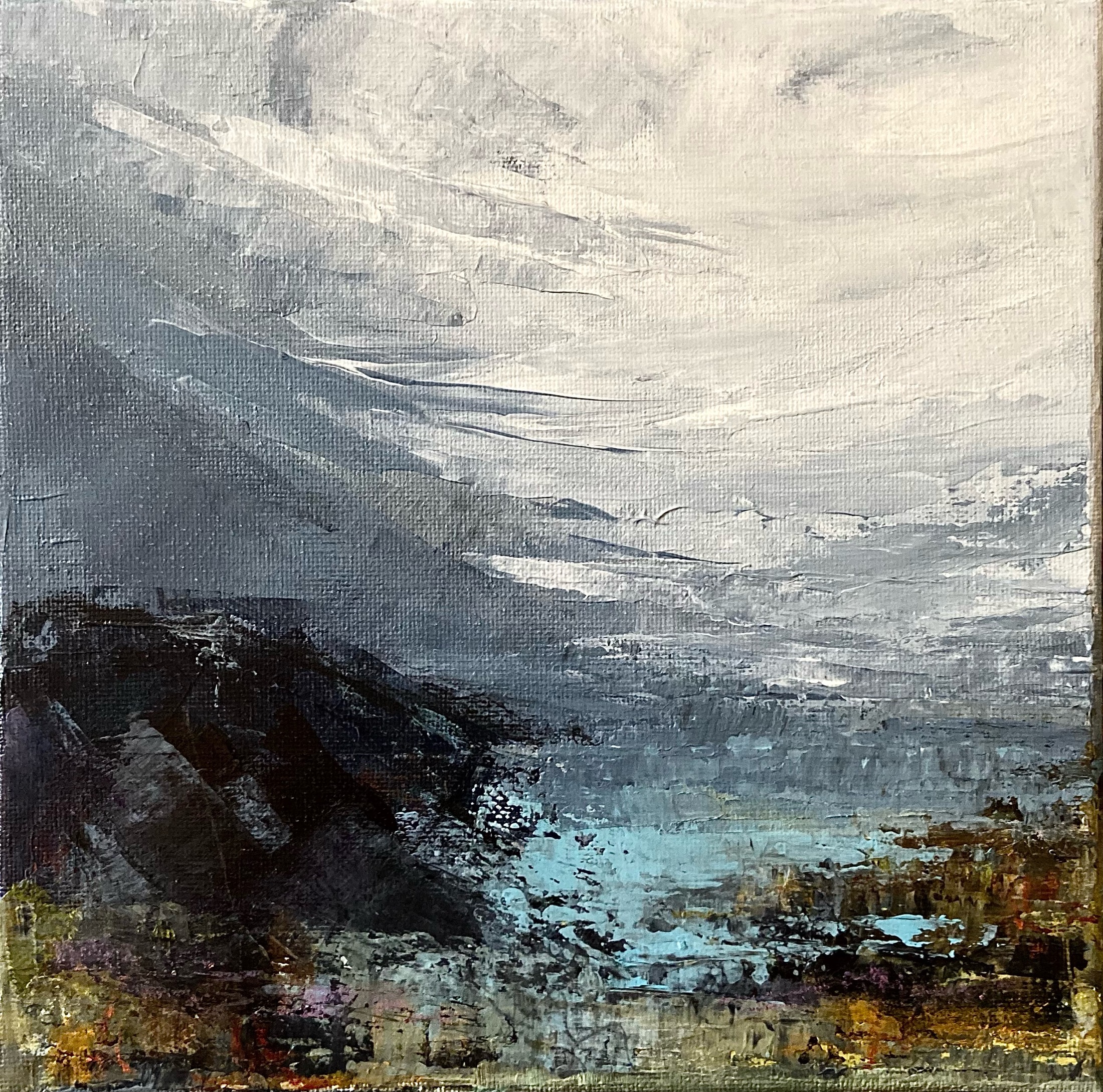 Veil Of Thunder Size: 8″x 8″, Acrylic and water soluble oil pastels on canvas $150 – by Laya Joseph